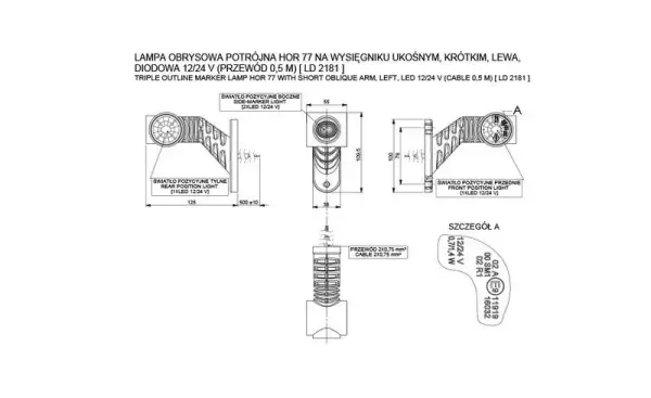 Links | LED Begrenzungsleuchte | rot-weiß-gelb | 12-24v | 50cm. Kabel | MB-4861RWA