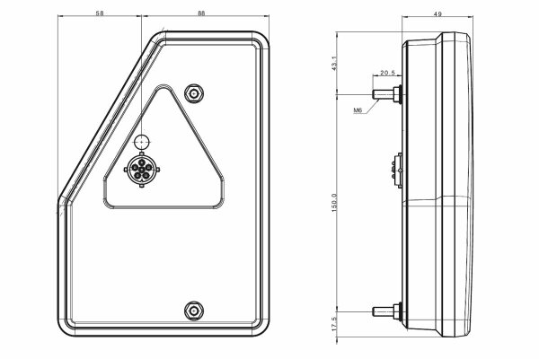 Links | LED Rücklicht | Modell Dreieck | 12v | 6-Funktionen | 6-PIN | VC-3301B6